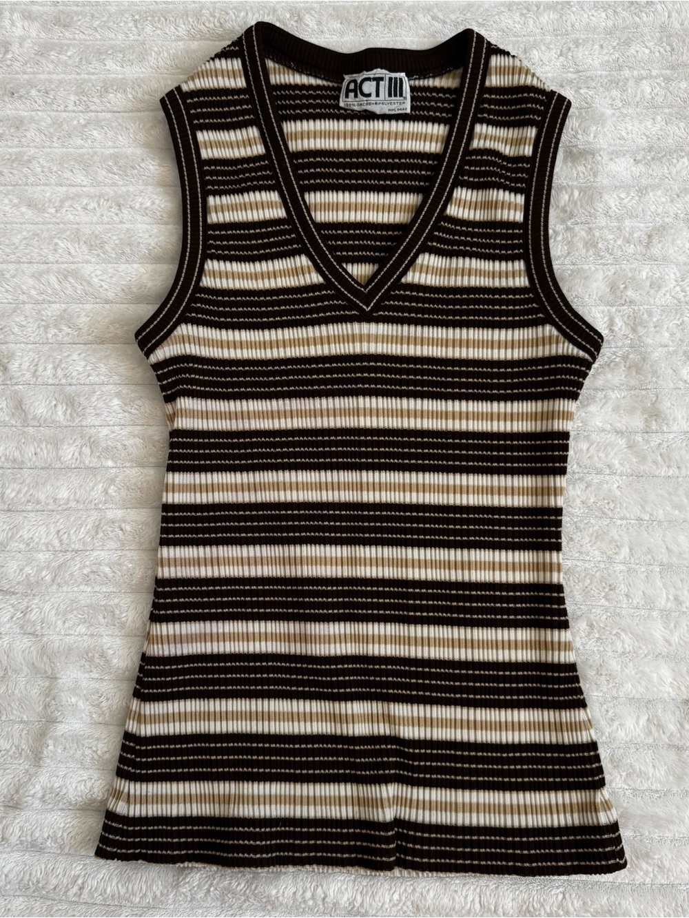 Vintage Y2K 2000s Women's Sleeveless V-Neck Striped Rib Knit Top - Brown & Cream